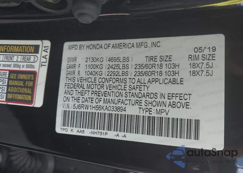 2019 Honda Cr-V Ex from USA, damaged, VIN 5J6RW1H56KA033894